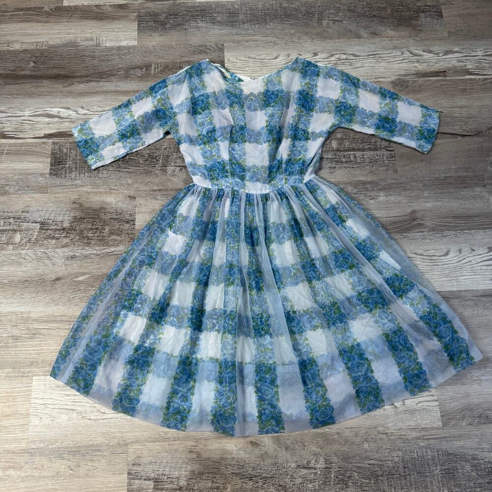 Vintage 50s Blue Floral Organza Party Dress Fit Flare Garden Tea Coquette Small
